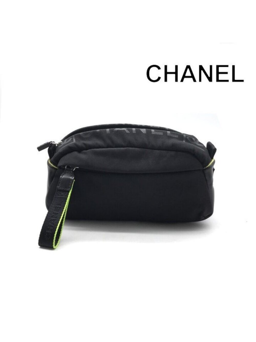 Chanel Sports Line Nylon Pouch Case Black Neon Light Green Clutch Second